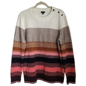 Talbots Sweater XL Stripe Long Sleeve Pullover Chunky Knit Elbow Patch